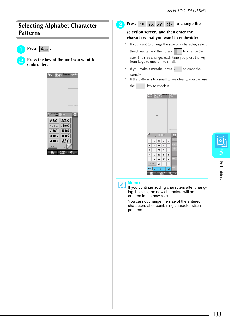 Selecting alphabet character patterns | Brother 882-S90/S91 User Manual | Page 144 / 249
