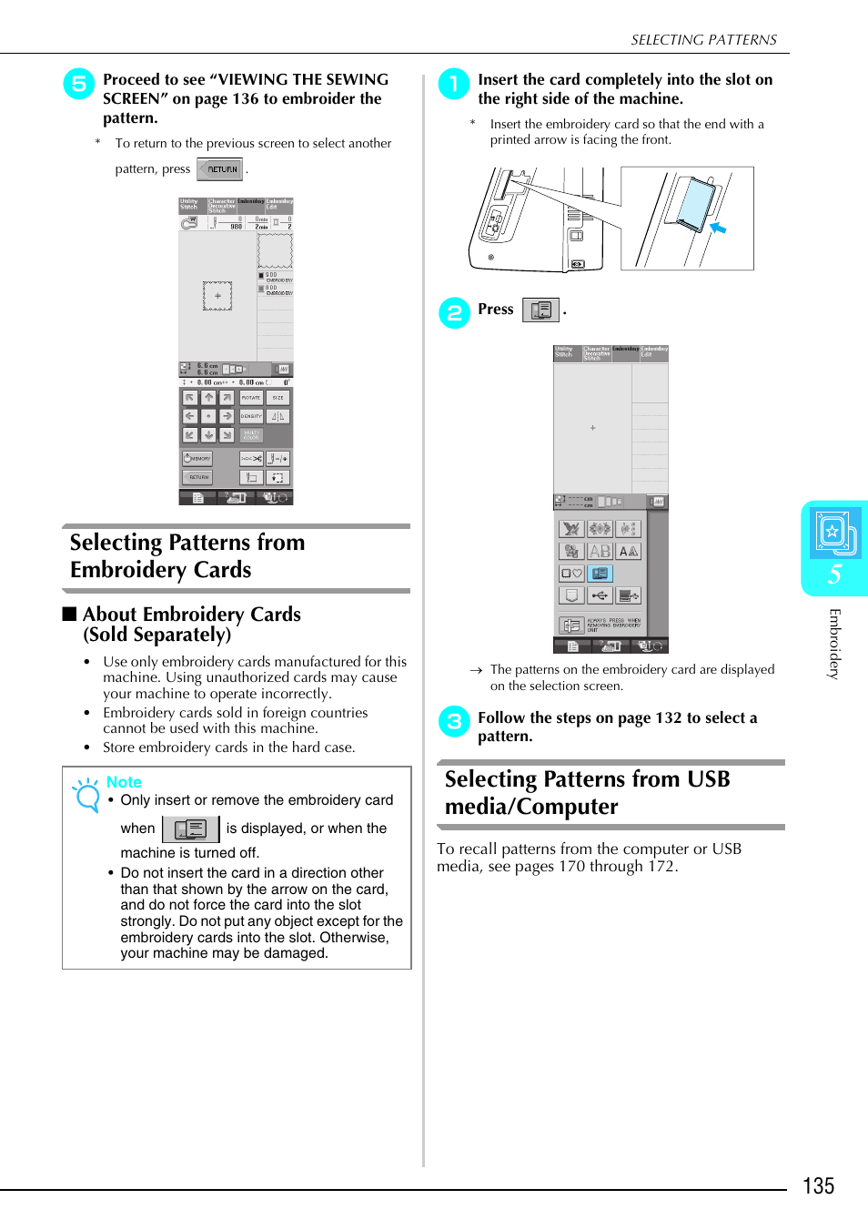 Selecting patterns from embroidery cards, Selecting patterns from usb media/computer, About embroidery cards (sold separately) | Brother 882-S90/S91 User Manual | Page 146 / 249
