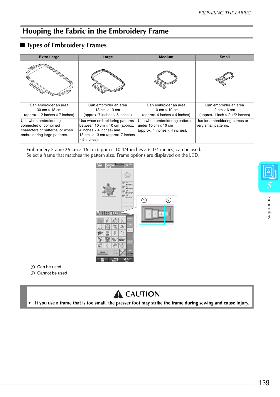 Hooping the fabric in the embroidery frame, Caution, Types of embroidery frames | Brother 882-S90/S91 User Manual | Page 150 / 249