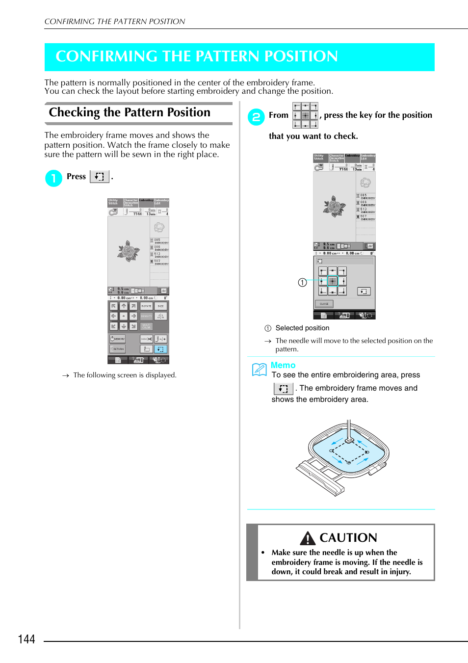 Confirming the pattern position, Checking the pattern position, Caution | Brother 882-S90/S91 User Manual | Page 155 / 249