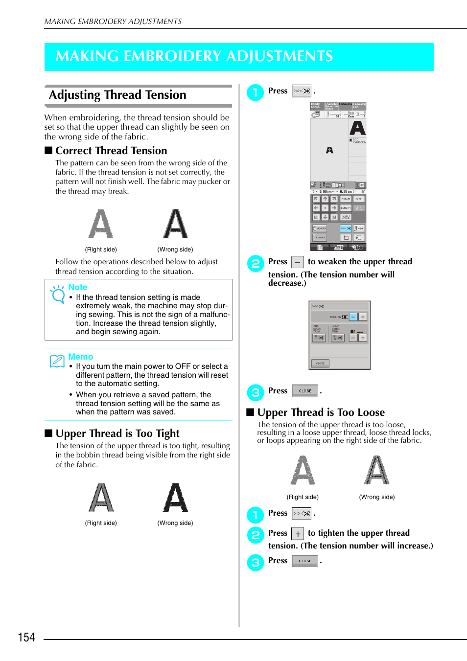 Making embroidery adjustments, Adjusting thread tension, Correct thread tension | Upper thread is too tight, Upper thread is too loose | Brother 882-S90/S91 User Manual | Page 165 / 249