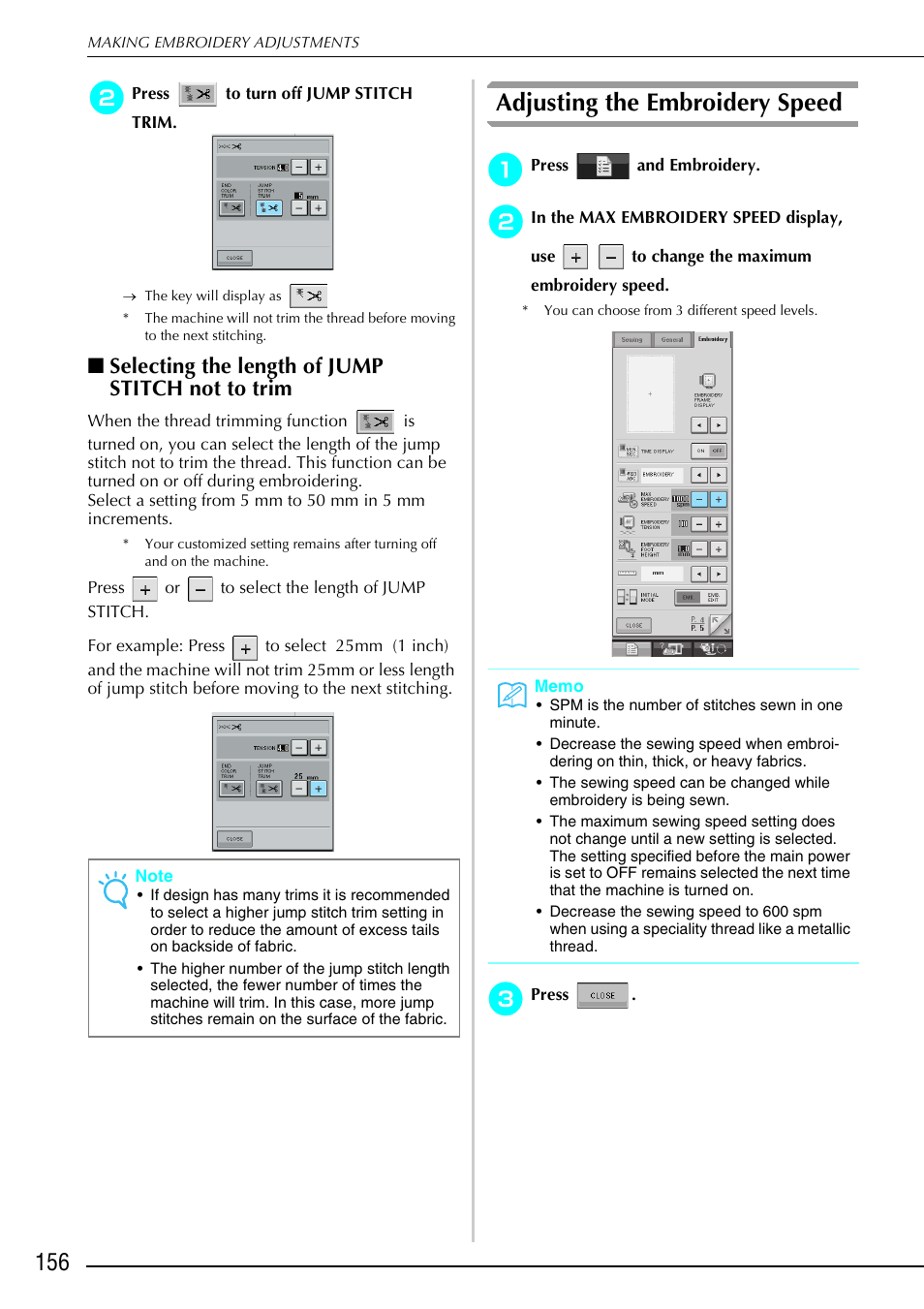 Adjusting the embroidery speed, Selecting the length of jump stitch not to trim | Brother 882-S90/S91 User Manual | Page 167 / 249
