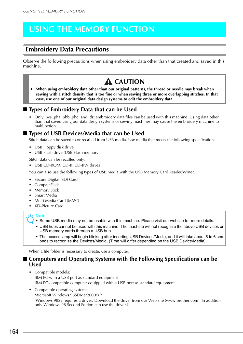 Embroidery data precautions, Caution, Types of embroidery data that can be used | Types of usb devices/media that can be used | Brother 882-S90/S91 User Manual | Page 175 / 249