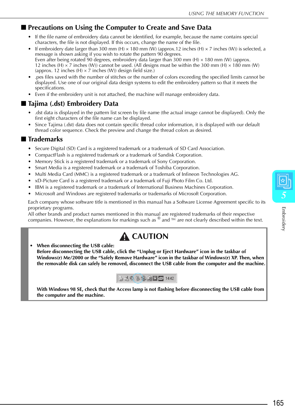 Caution, Tajima (.dst) embroidery data, Trademarks | Brother 882-S90/S91 User Manual | Page 176 / 249