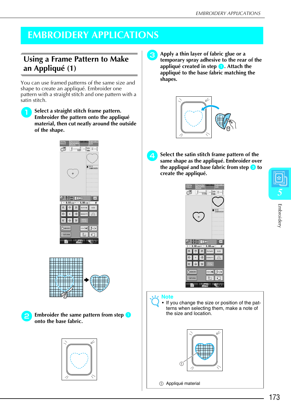 5embroidery applications, Using a frame pattern to make an appliqué (1) | Brother 882-S90/S91 User Manual | Page 184 / 249