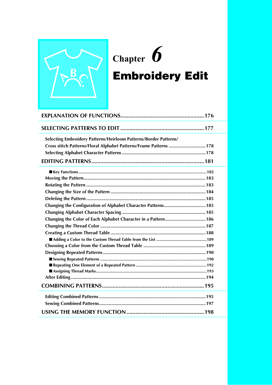 Embroidery edit, Chapter | Brother 882-S90/S91 User Manual | Page 186 / 249