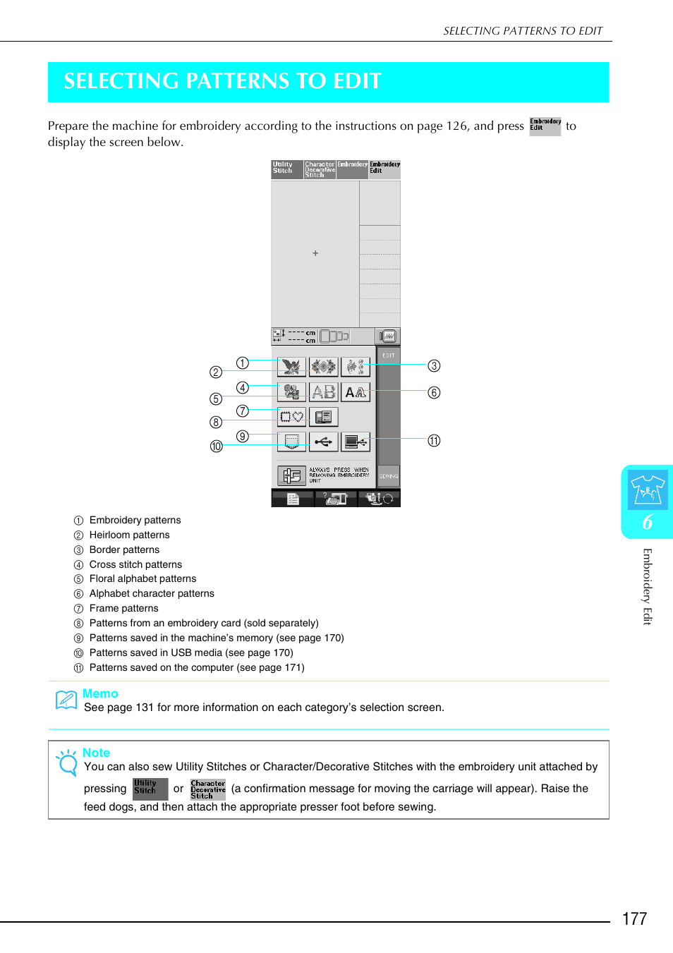6selecting patterns to edit | Brother 882-S90/S91 User Manual | Page 188 / 249