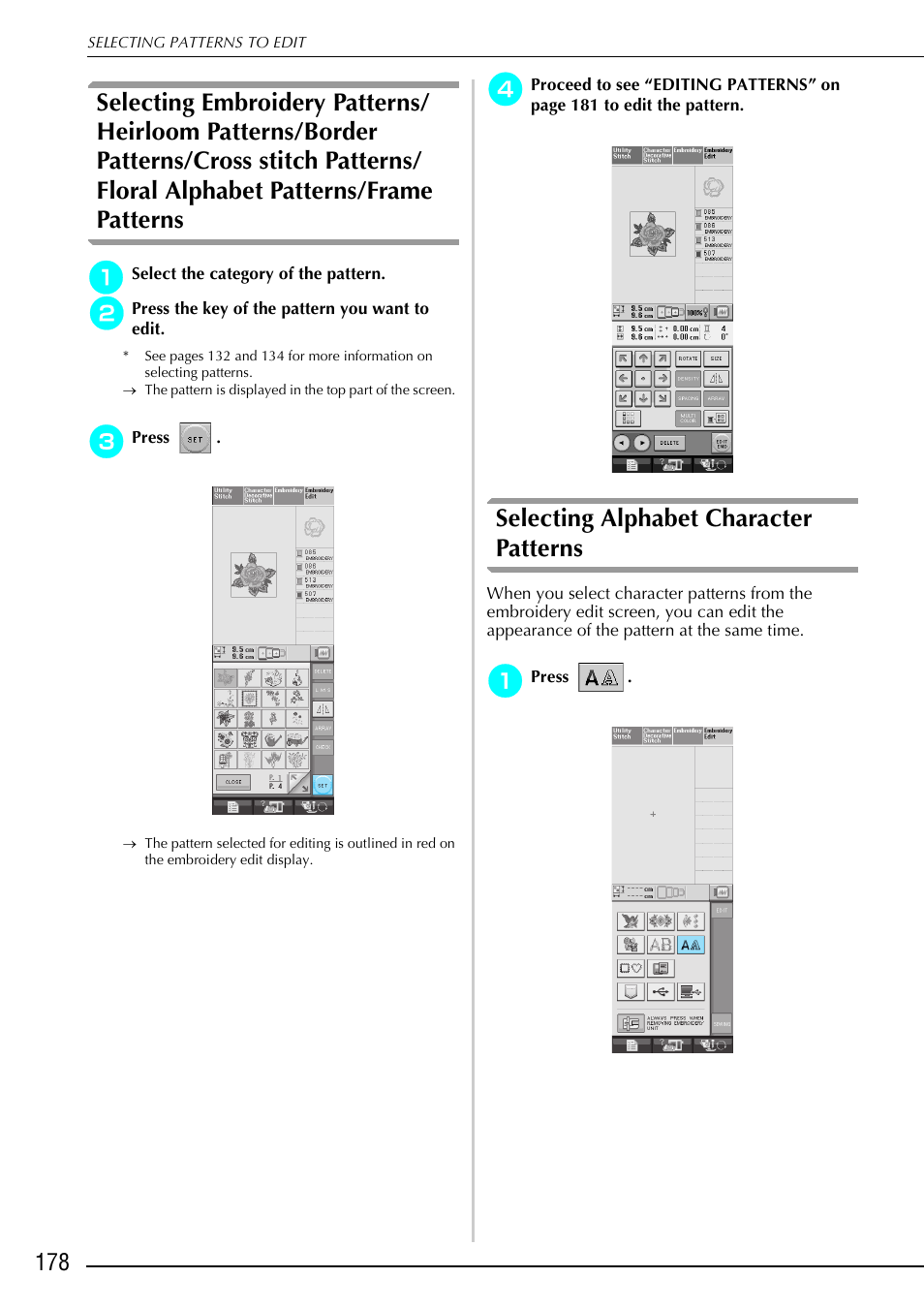 Selecting alphabet character patterns | Brother 882-S90/S91 User Manual | Page 189 / 249
