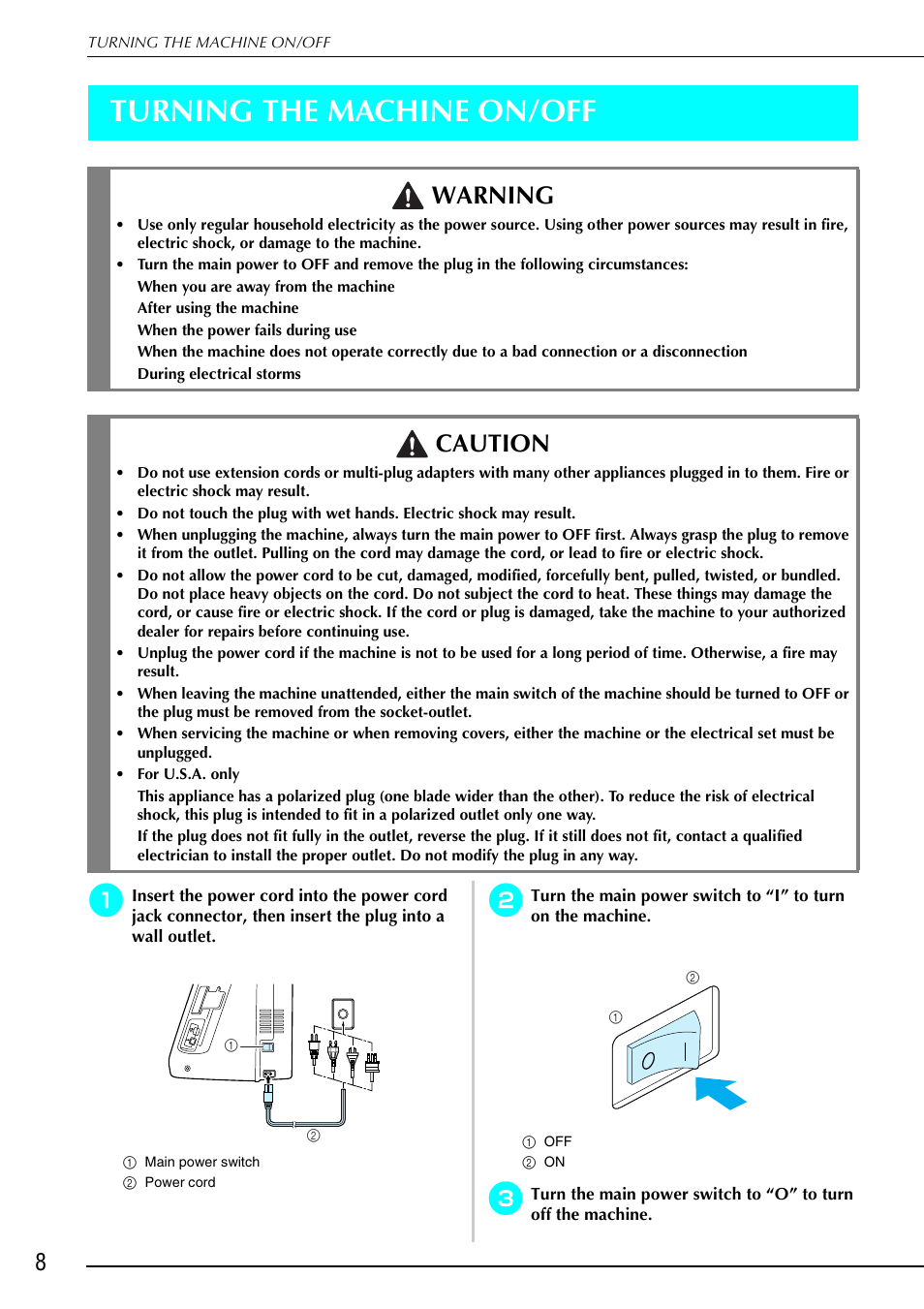 Turning the machine on/off, Warning, Caution | Brother 882-S90/S91 User Manual | Page 19 / 249