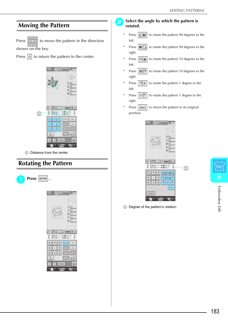 Moving the pattern, Rotating the pattern | Brother 882-S90/S91 User Manual | Page 194 / 249