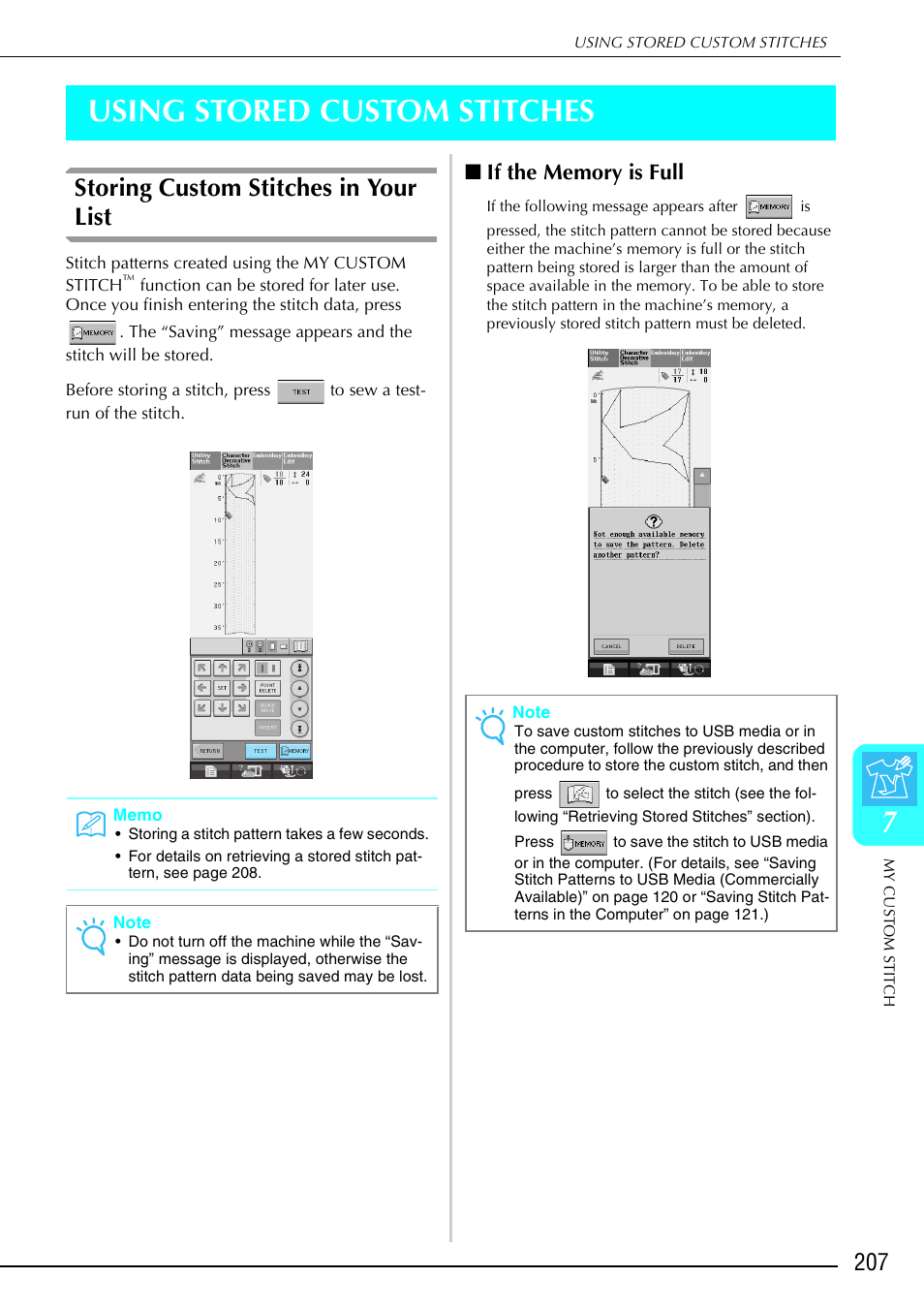 7using stored custom stitches, Storing custom stitches in your list | Brother 882-S90/S91 User Manual | Page 218 / 249