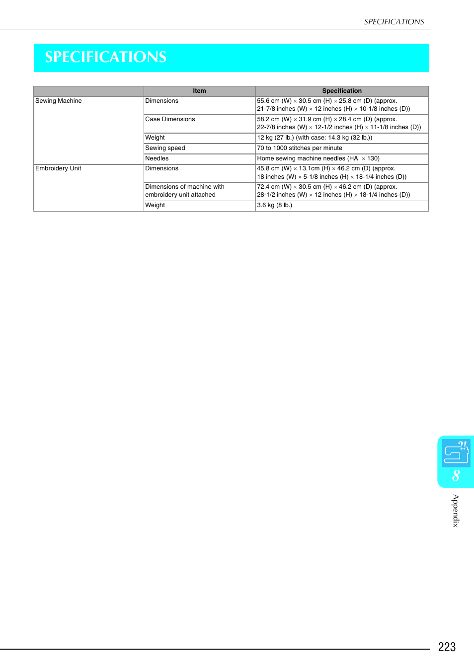 8specifications | Brother 882-S90/S91 User Manual | Page 234 / 249