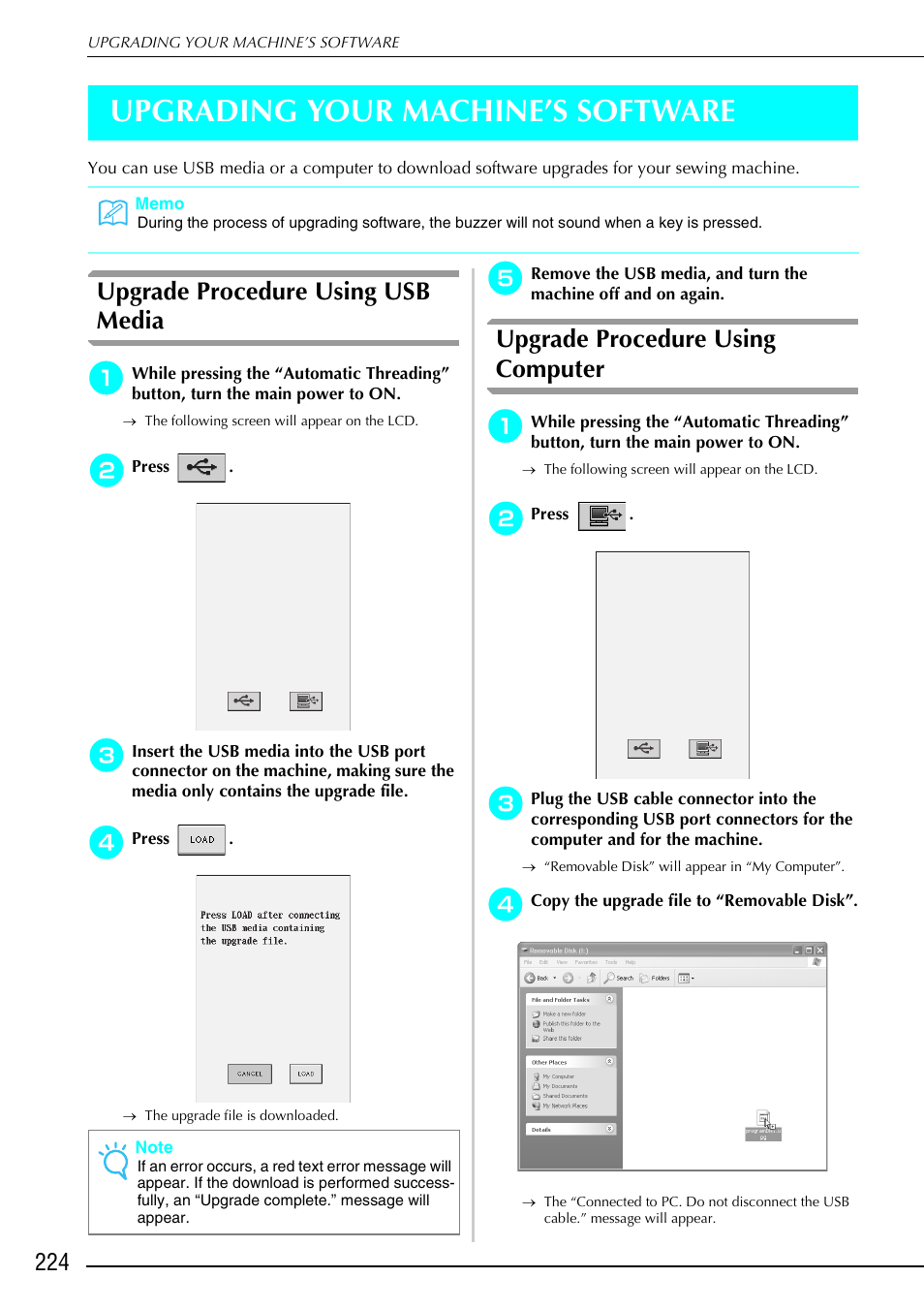 Upgrading your machine’s software, Upgrade procedure using usb media, Upgrade procedure using computer | Brother 882-S90/S91 User Manual | Page 235 / 249