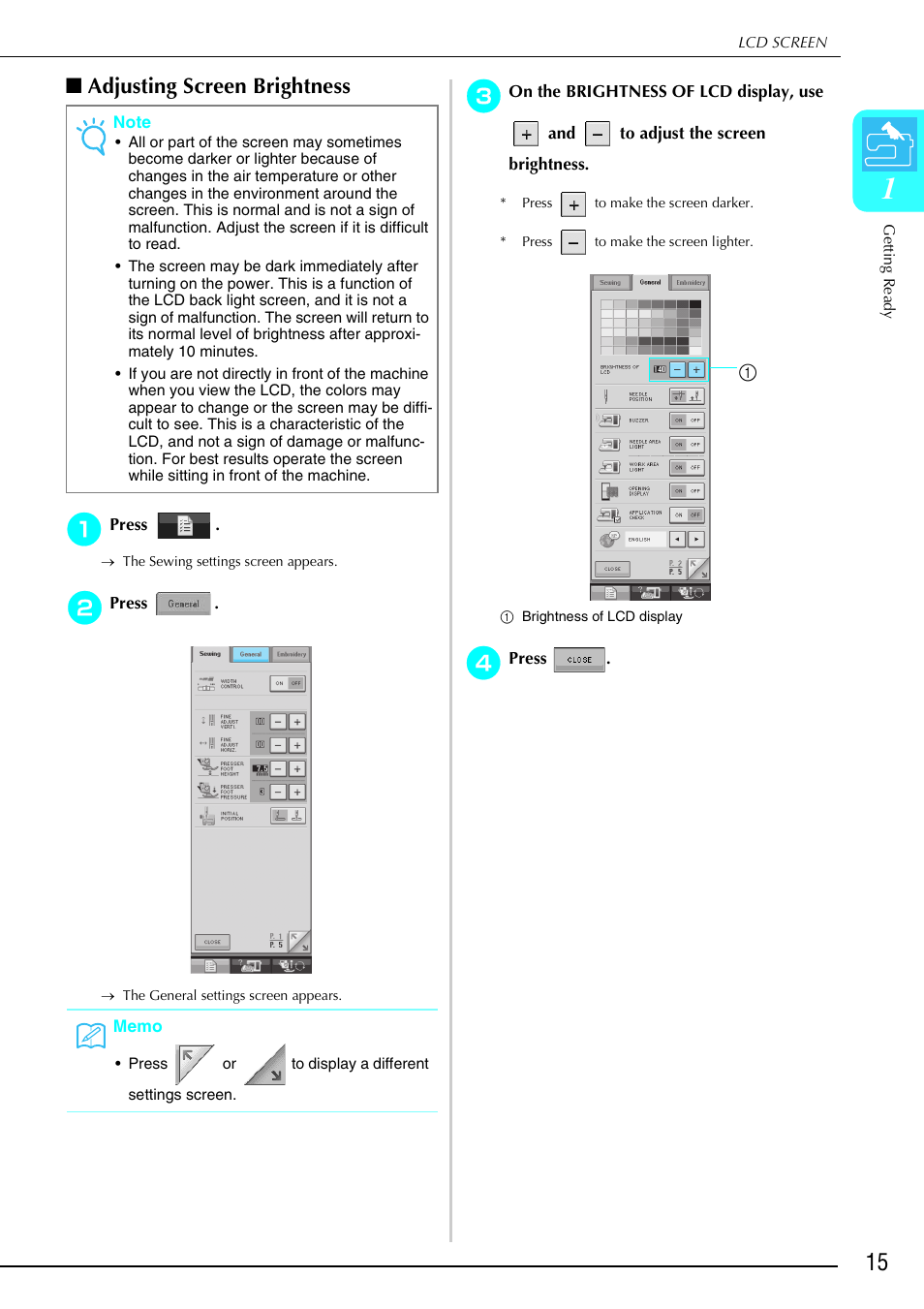 Adjusting screen brightness | Brother 882-S90/S91 User Manual | Page 26 / 249