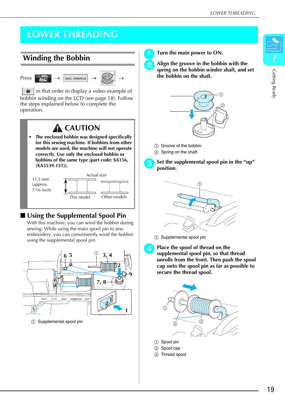 1lower threading, Winding the bobbin, Caution | Using the supplemental spool pin | Brother 882-S90/S91 User Manual | Page 30 / 249