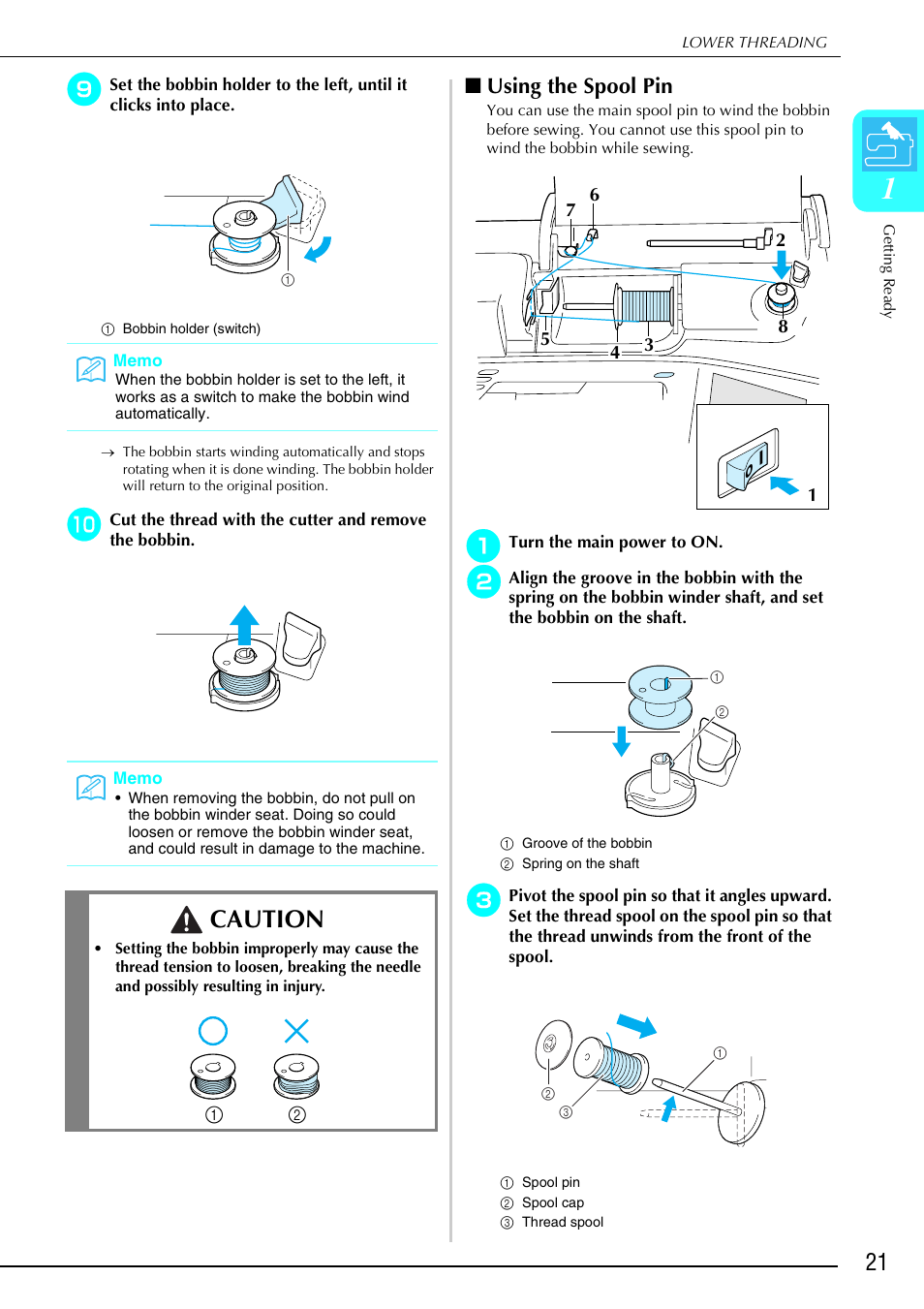 Caution, Using the spool pin | Brother 882-S90/S91 User Manual | Page 32 / 249