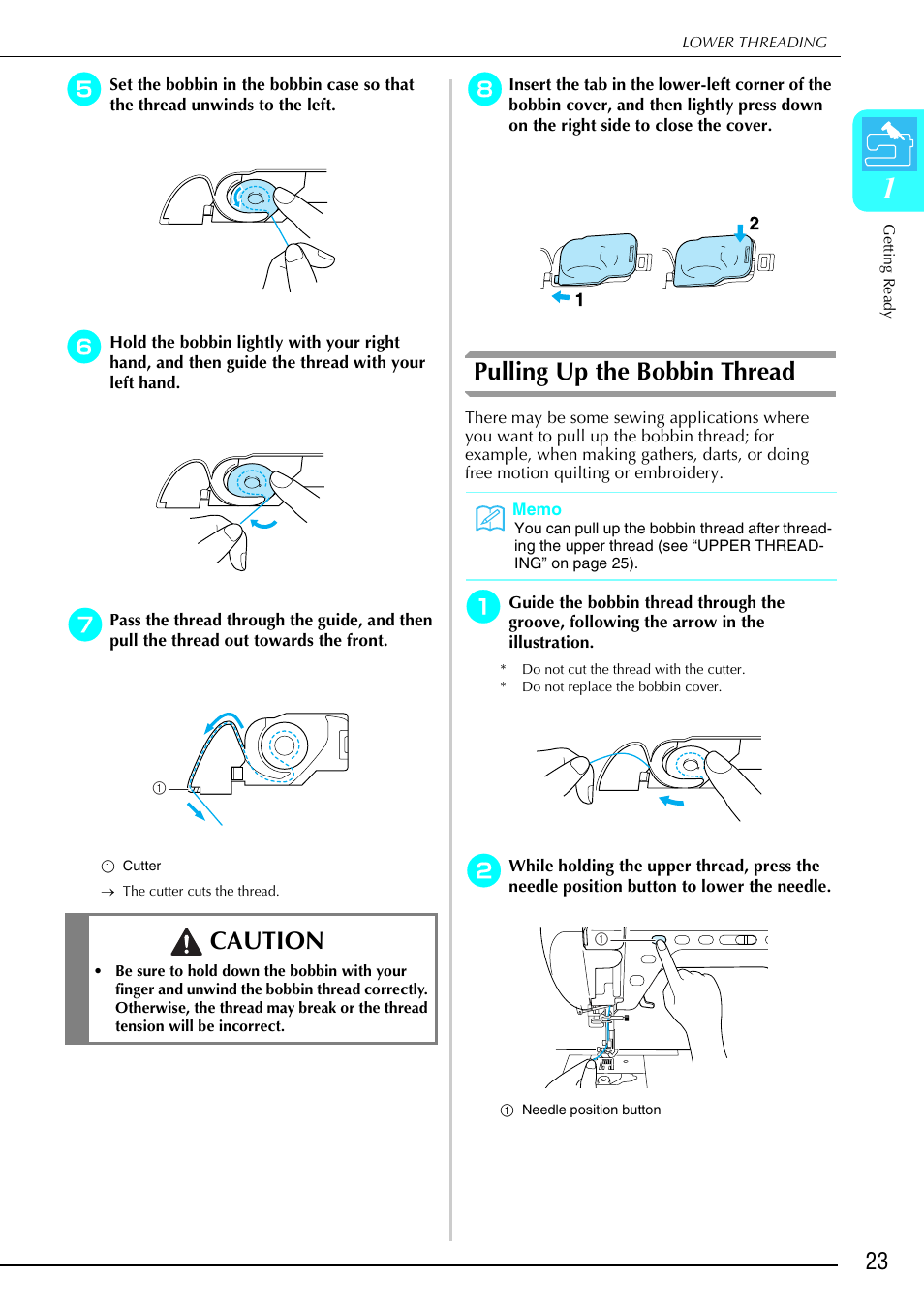 Pulling up the bobbin thread, Caution | Brother 882-S90/S91 User Manual | Page 34 / 249