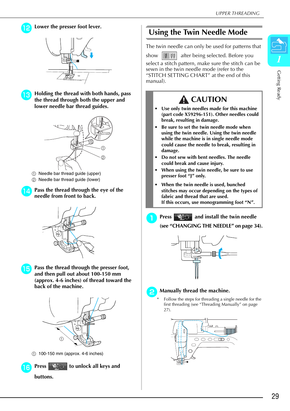 Using the twin needle mode, Caution | Brother 882-S90/S91 User Manual | Page 40 / 249