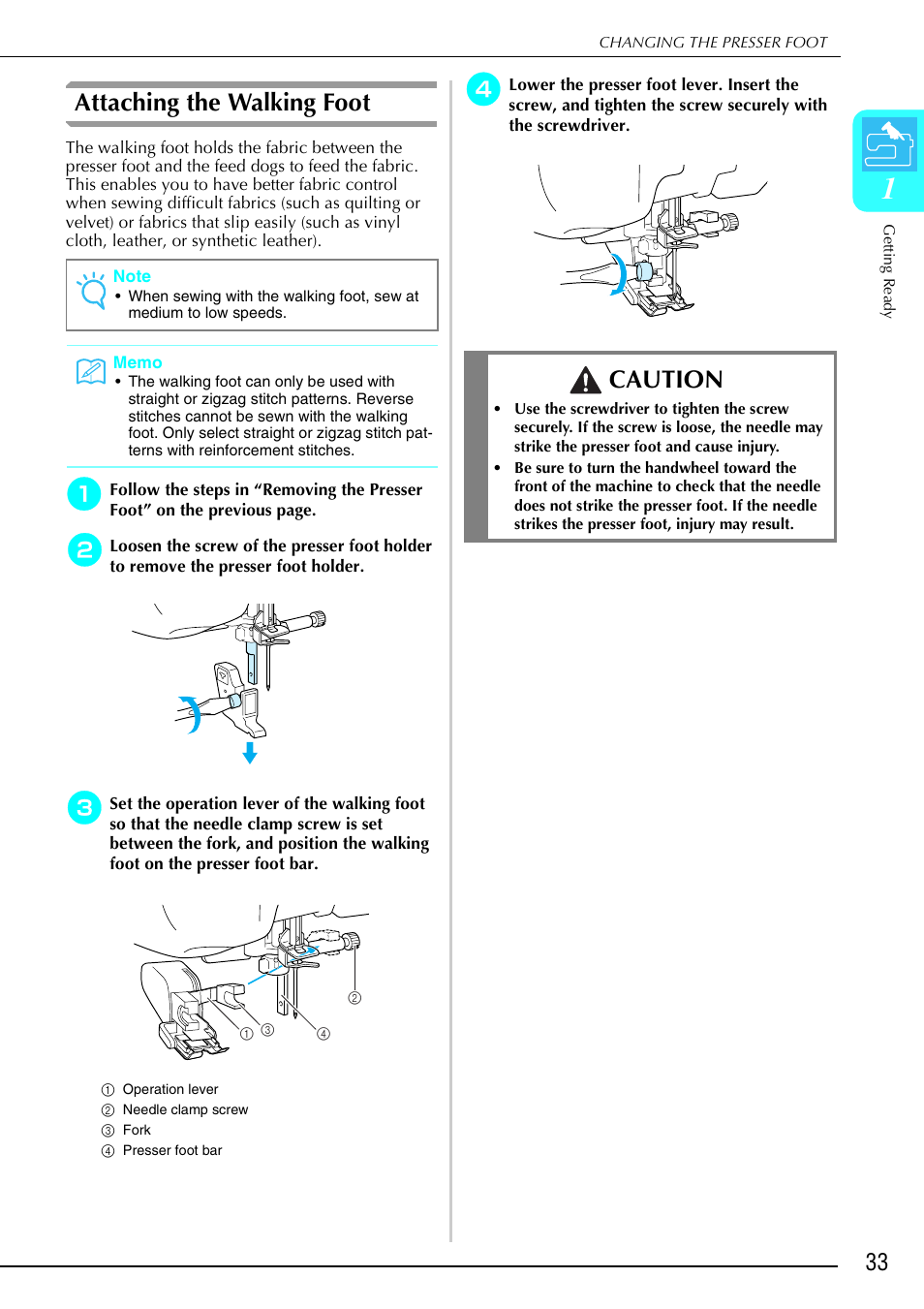 Attaching the walking foot, Caution | Brother 882-S90/S91 User Manual | Page 44 / 249