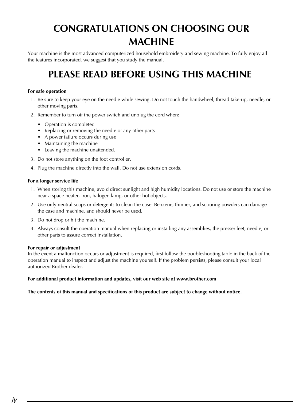 Please read before using this machine | Brother 882-S90/S91 User Manual | Page 5 / 249