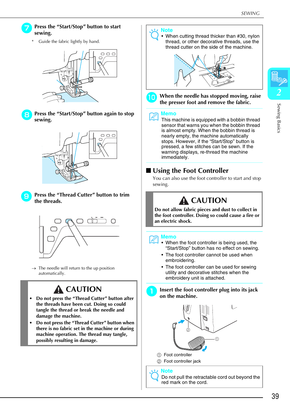 Caution, Using the foot controller | Brother 882-S90/S91 User Manual | Page 50 / 249