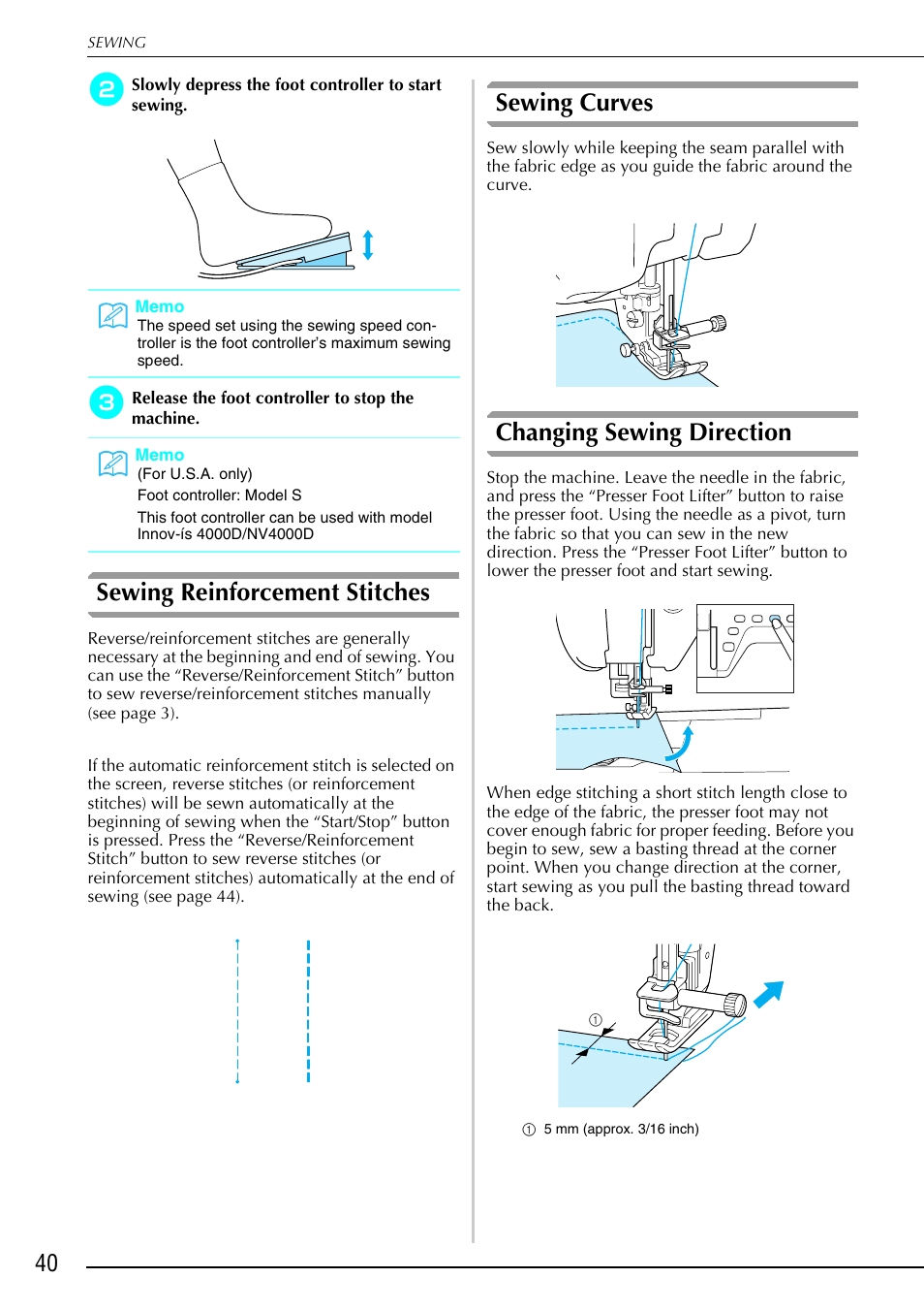 Sewing reinforcement stitches, Sewing curves, Changing sewing direction | Brother 882-S90/S91 User Manual | Page 51 / 249