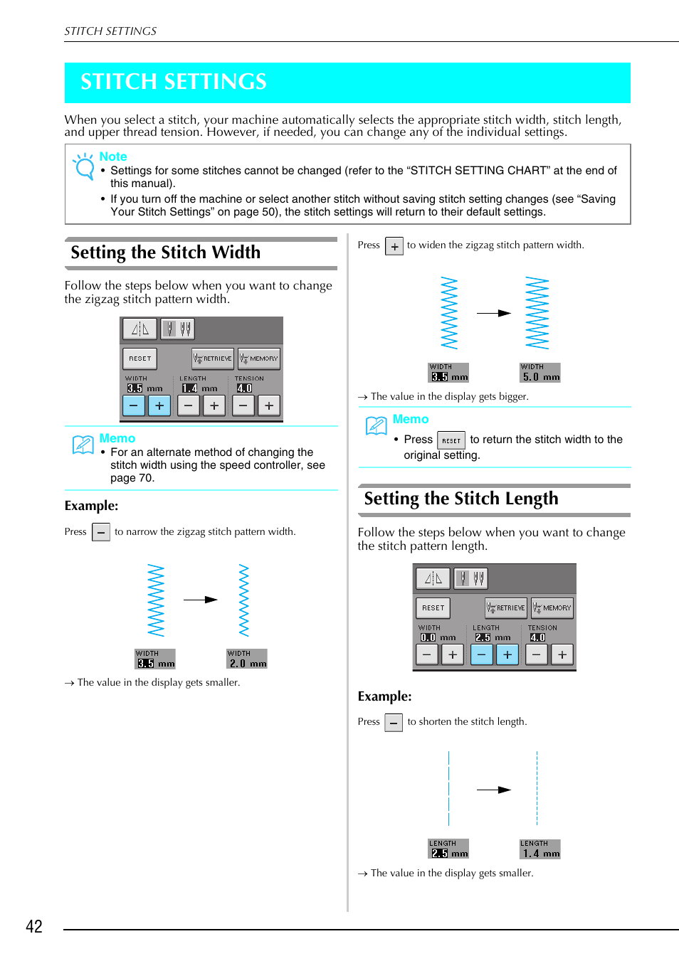 Stitch settings, Setting the stitch width, Setting the stitch length | Brother 882-S90/S91 User Manual | Page 53 / 249