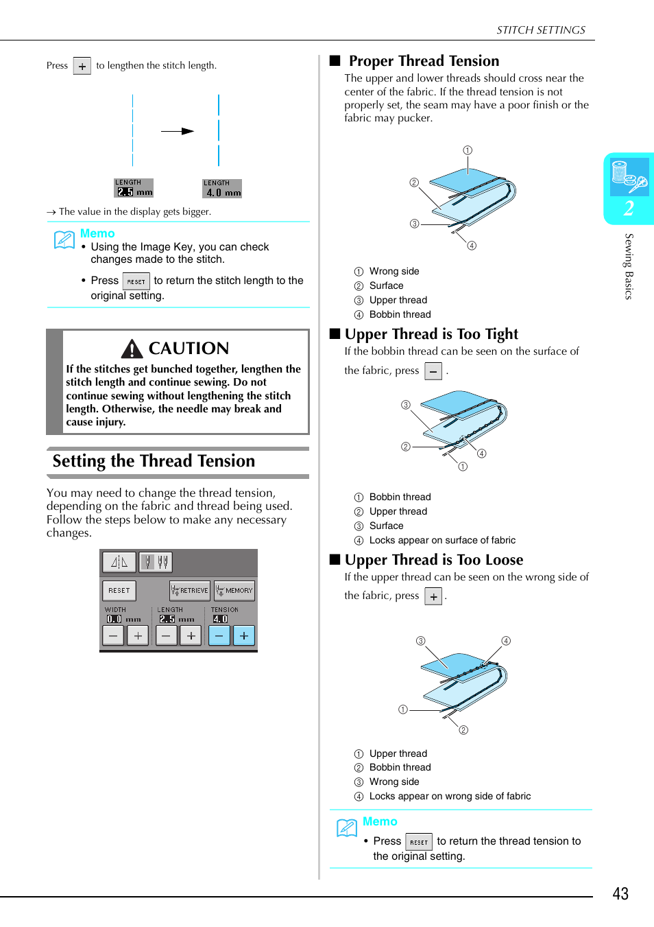 Setting the thread tension, Caution, Proper thread tension | Upper thread is too tight, Upper thread is too loose | Brother 882-S90/S91 User Manual | Page 54 / 249