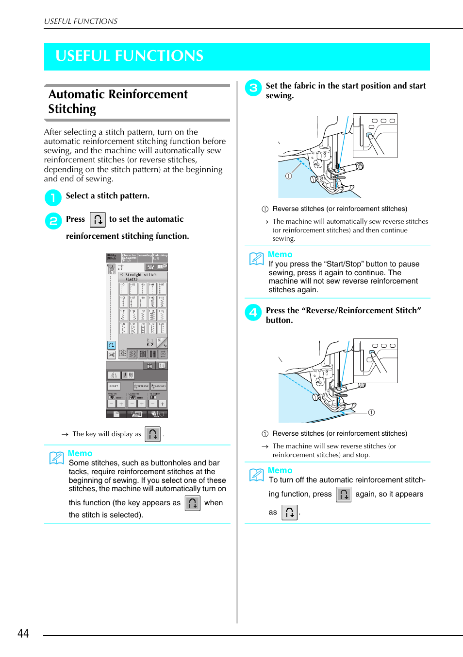 Useful functions, Automatic reinforcement stitching | Brother 882-S90/S91 User Manual | Page 55 / 249