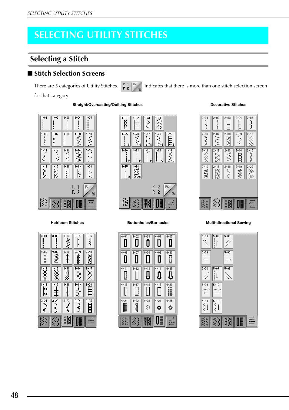 Selecting utility stitches, Selecting a stitch, Stitch selection screens | Brother 882-S90/S91 User Manual | Page 59 / 249