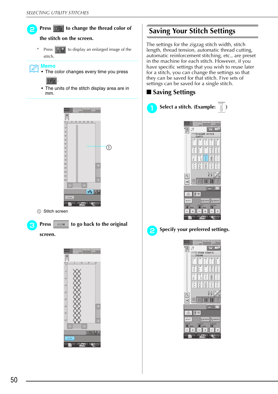 Saving your stitch settings, Saving settings | Brother 882-S90/S91 User Manual | Page 61 / 249