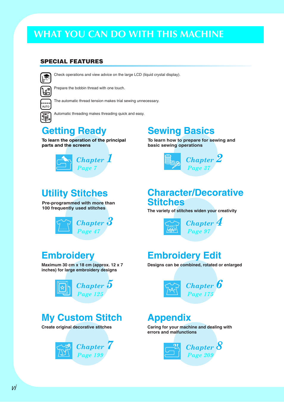Utility stitches character/decorative stitches, Getting ready sewing basics embroidery, Embroidery edit | My custom stitch, Appendix, What you can do with this machine | Brother 882-S90/S91 User Manual | Page 7 / 249
