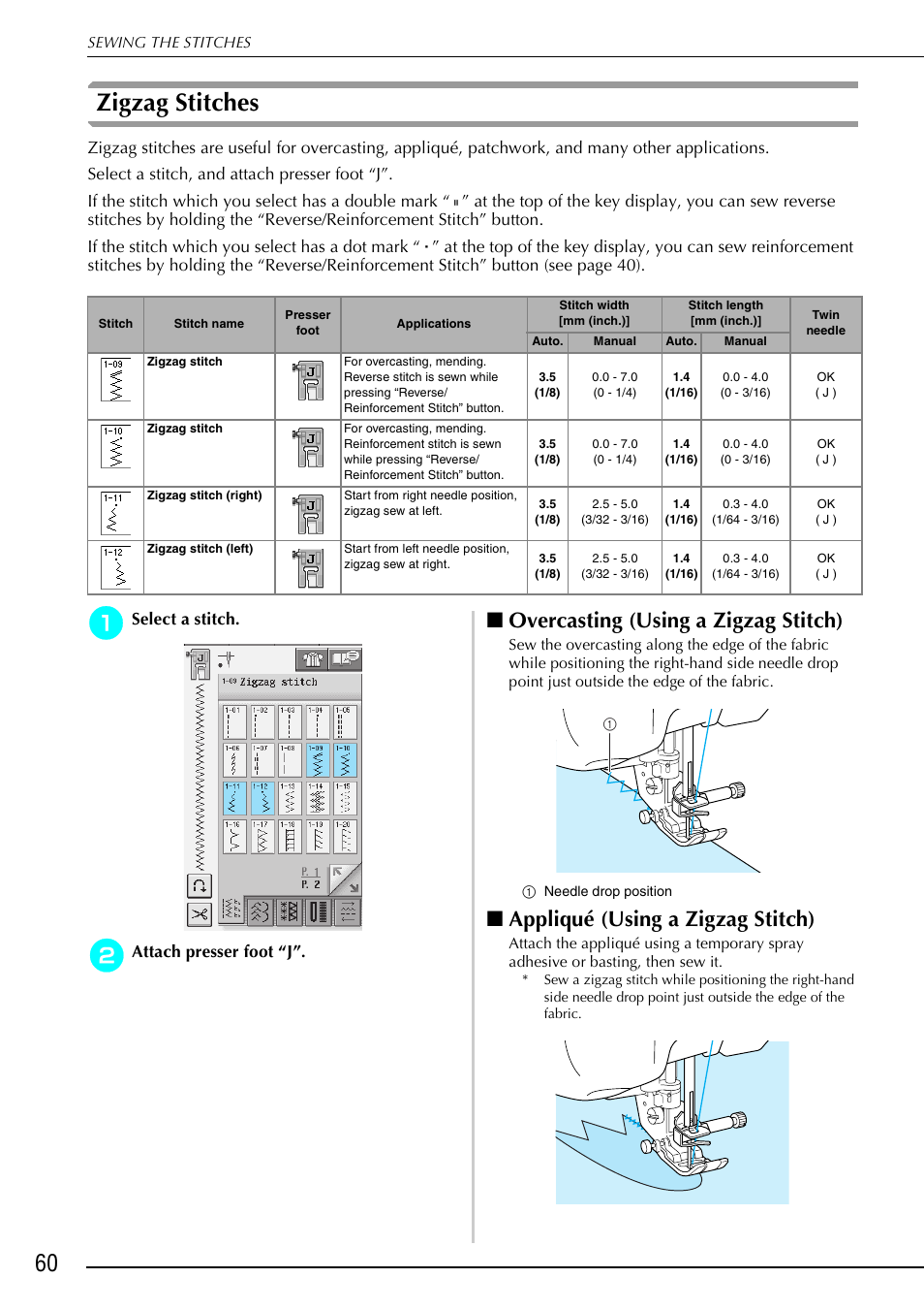 Zigzag stitches, Overcasting (using a zigzag stitch), Appliqué (using a zigzag stitch) | Select a stitch, Attach presser foot “j | Brother 882-S90/S91 User Manual | Page 71 / 249