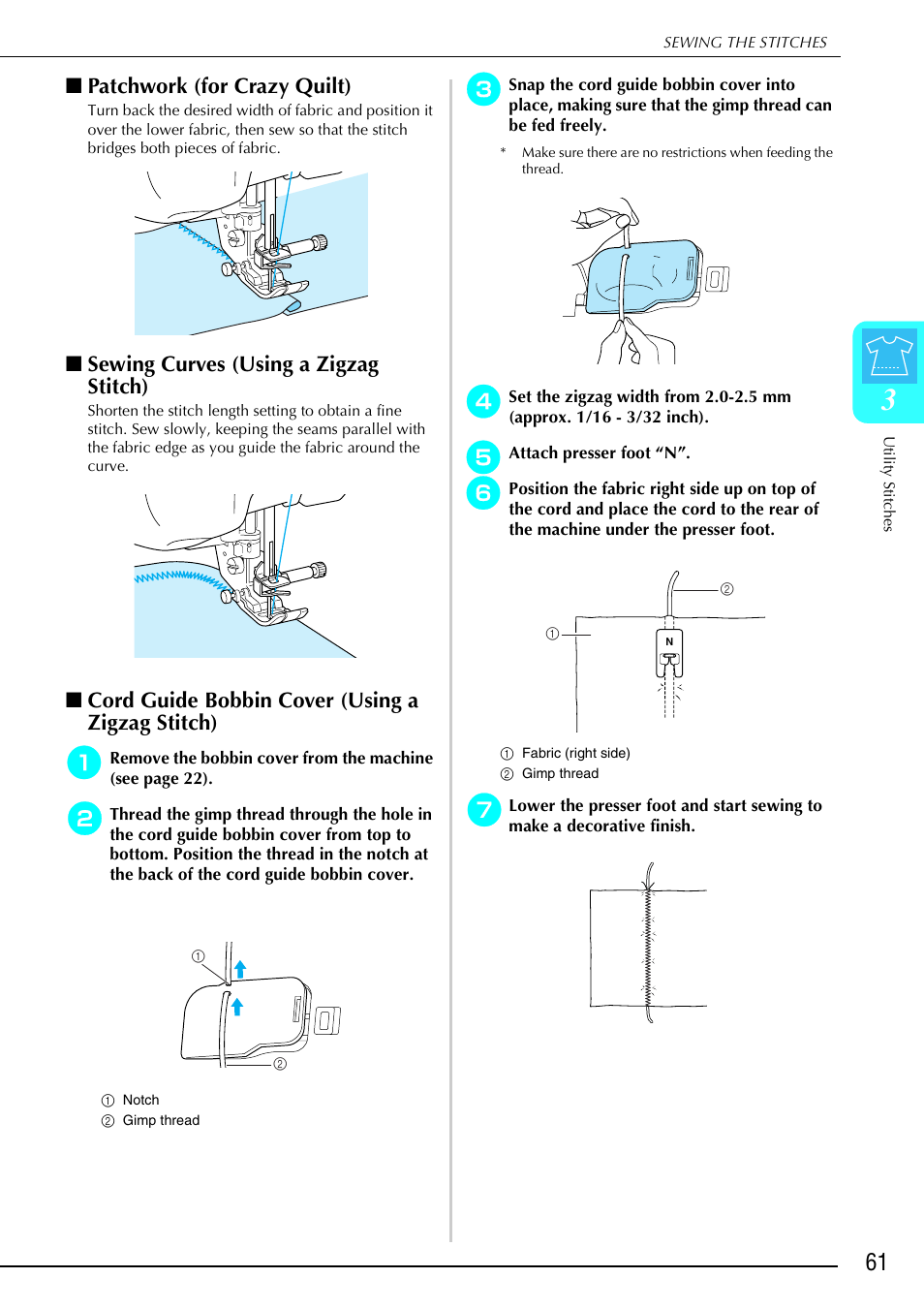 Patchwork (for crazy quilt), Sewing curves (using a zigzag stitch), Cord guide bobbin cover (using a zigzag stitch) | Brother 882-S90/S91 User Manual | Page 72 / 249