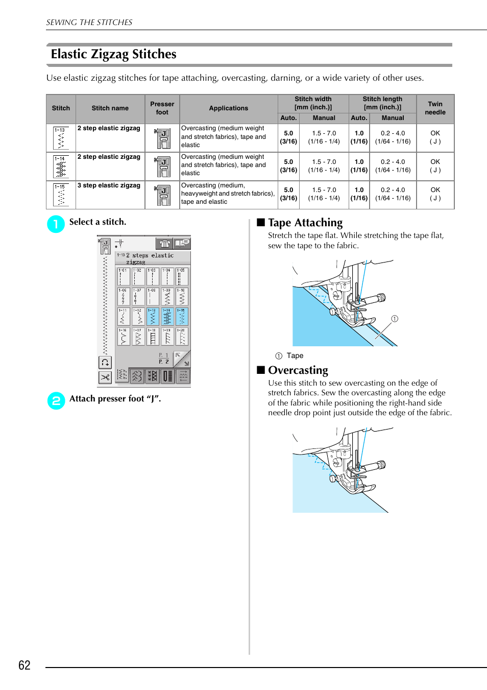 Elastic zigzag stitches, Tape attaching, Overcasting | Select a stitch, Attach presser foot “j | Brother 882-S90/S91 User Manual | Page 73 / 249
