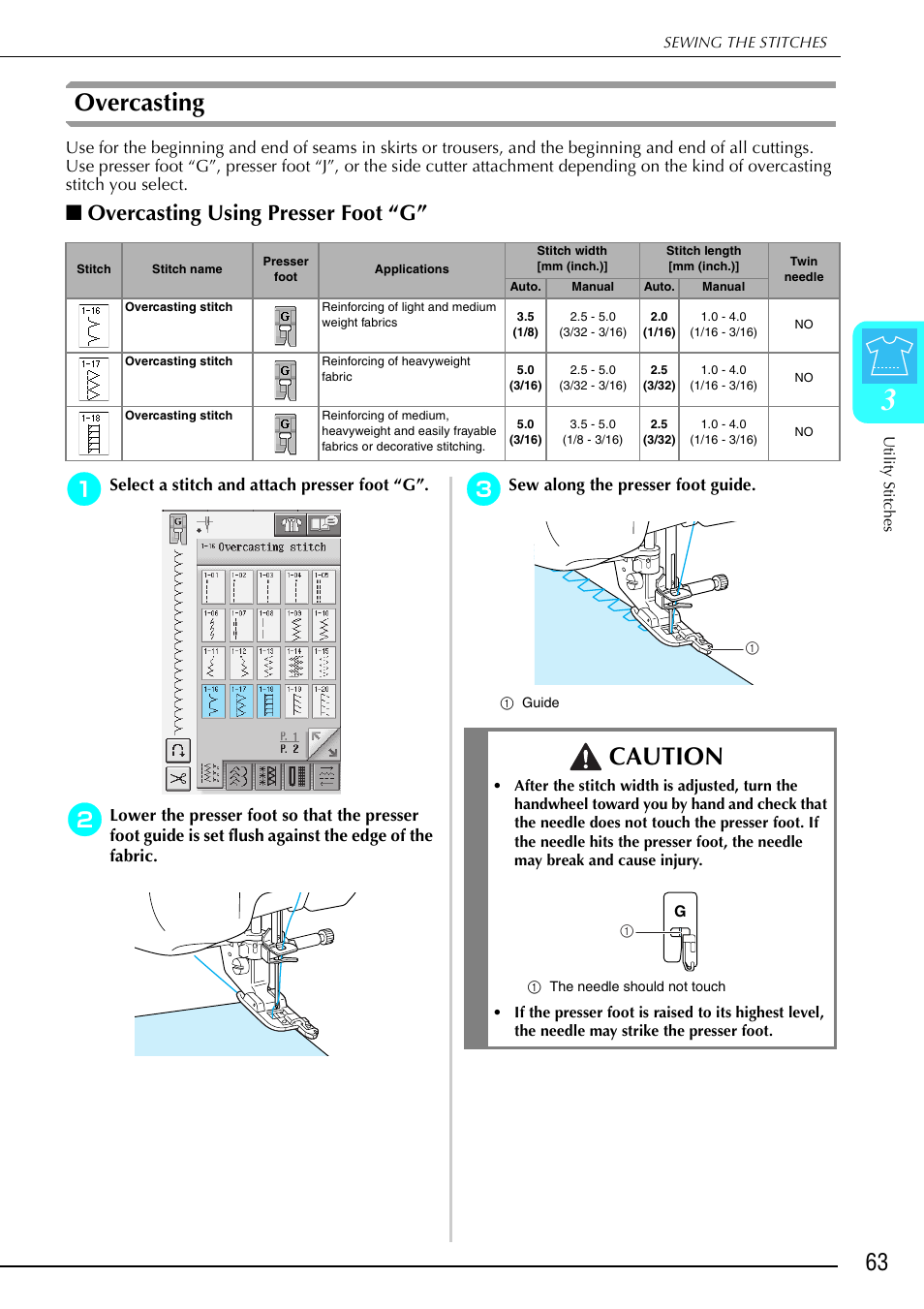 Overcasting, Caution, Overcasting using presser foot “g | Brother 882-S90/S91 User Manual | Page 74 / 249