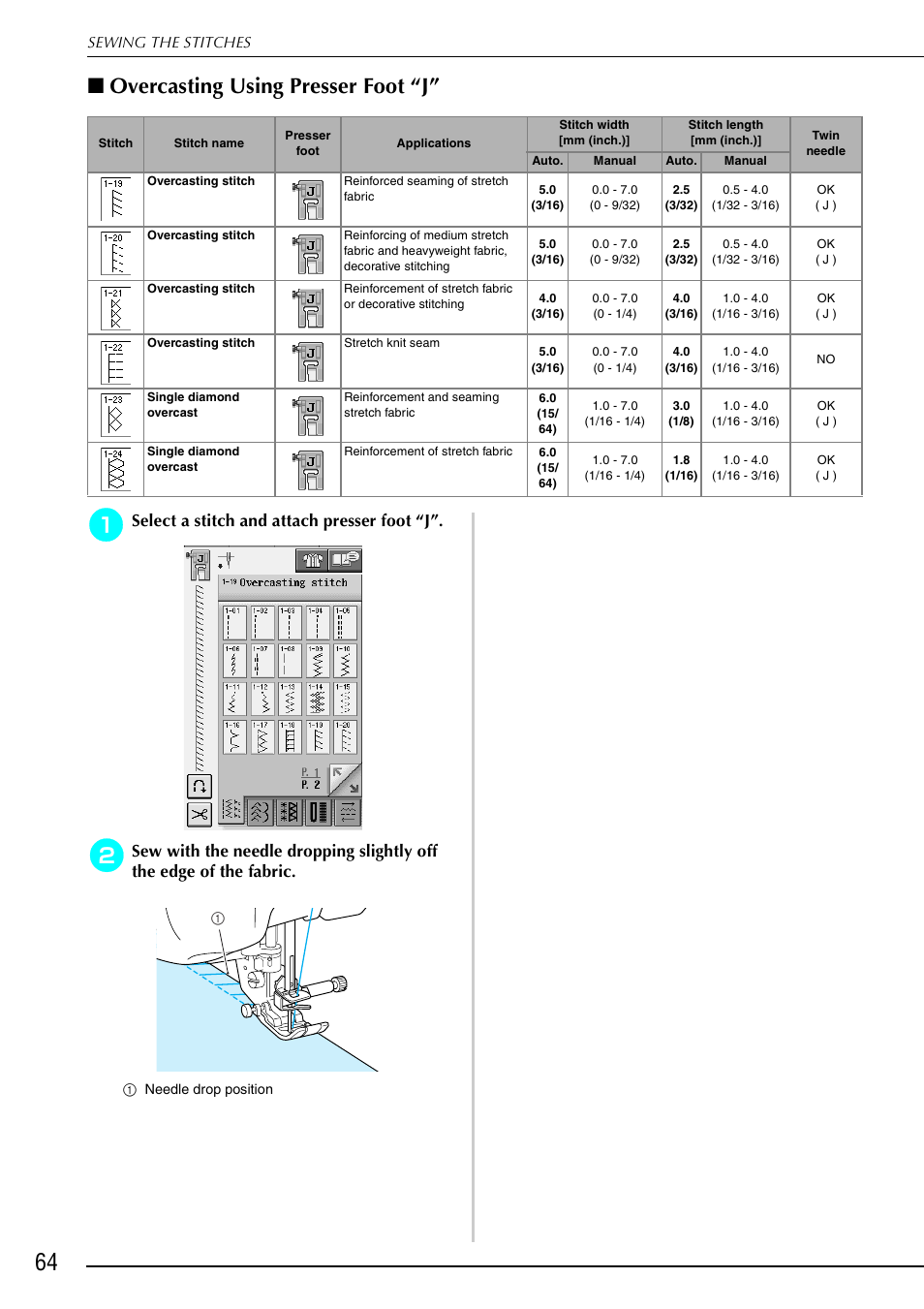 Overcasting using presser foot “j, Select a stitch and attach presser foot “j | Brother 882-S90/S91 User Manual | Page 75 / 249