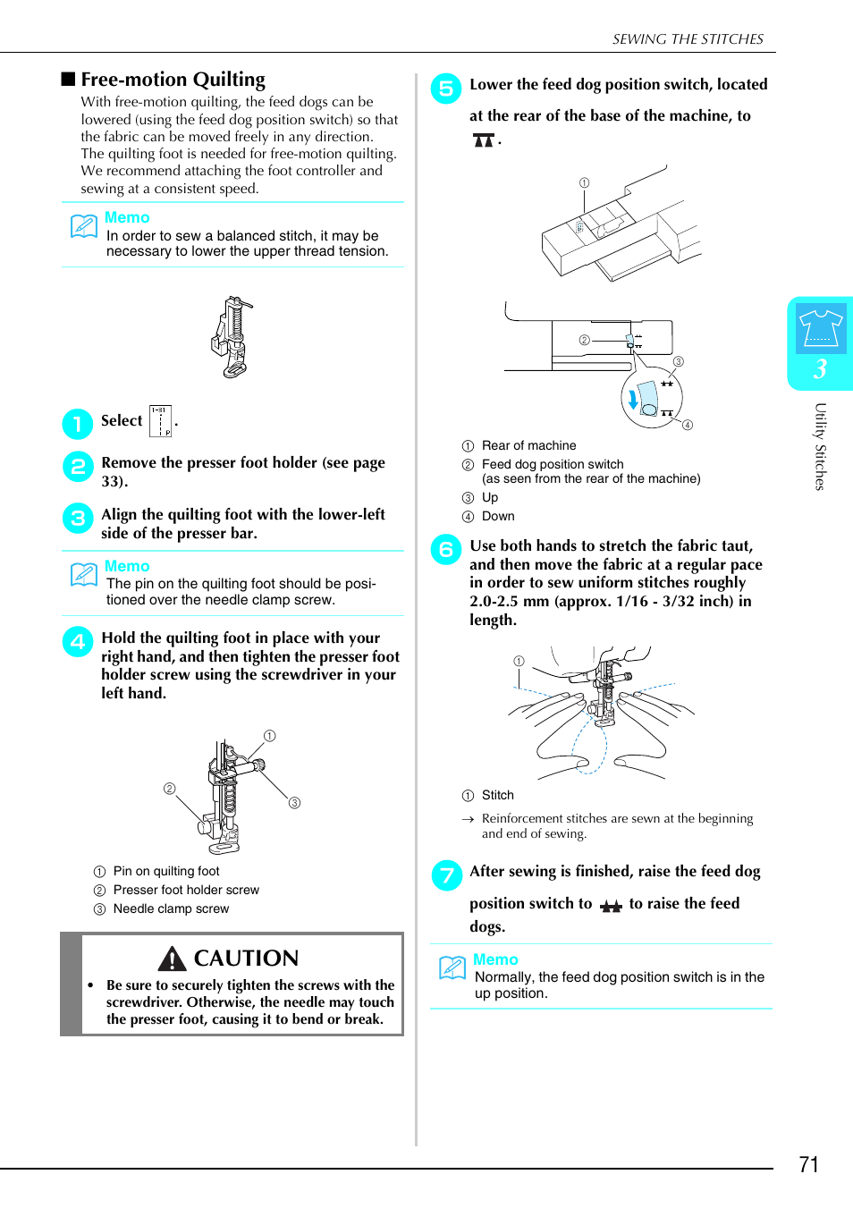 Caution, Free-motion quilting | Brother 882-S90/S91 User Manual | Page 82 / 249
