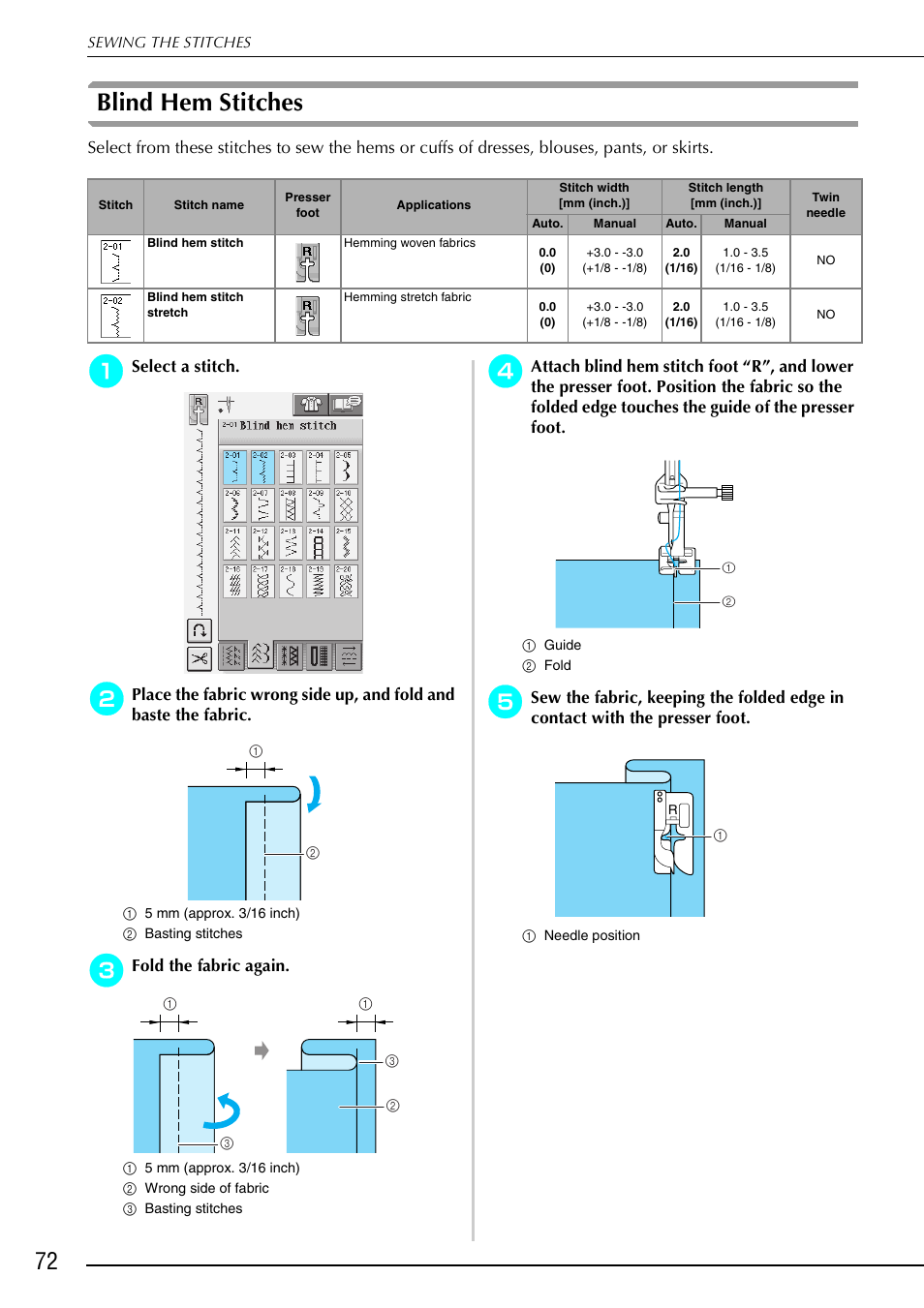 Blind hem stitches, Select a stitch, Fold the fabric again | Brother 882-S90/S91 User Manual | Page 83 / 249