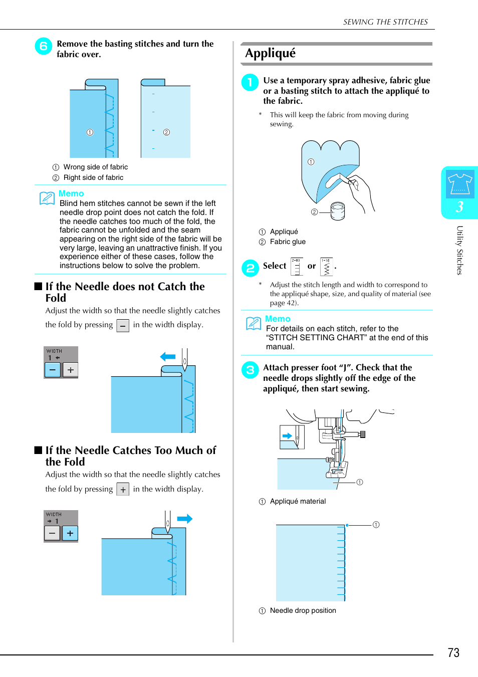Appliqué, If the needle does not catch the fold, If the needle catches too much of the fold | Brother 882-S90/S91 User Manual | Page 84 / 249