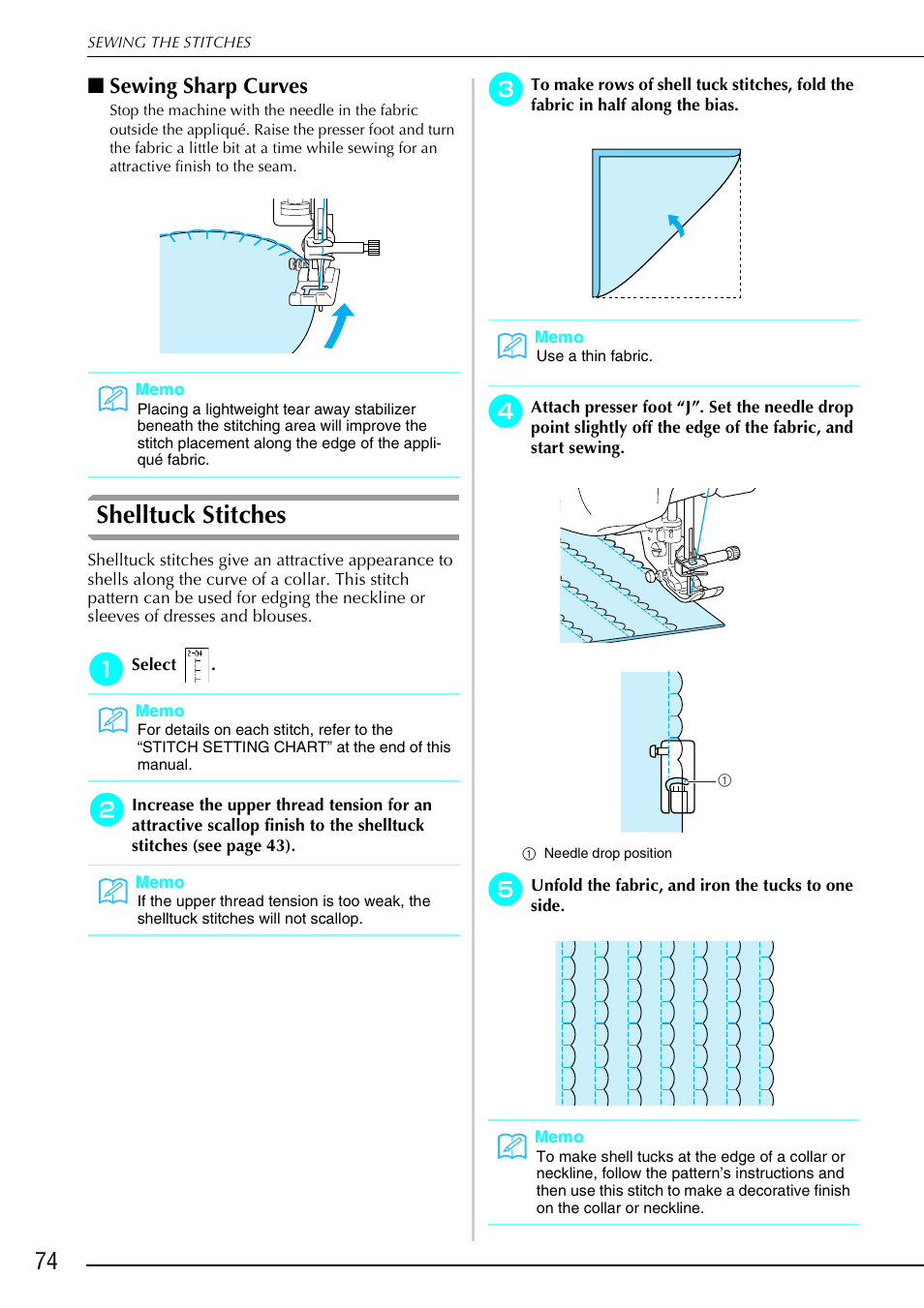 Shelltuck stitches, Sewing sharp curves | Brother 882-S90/S91 User Manual | Page 85 / 249