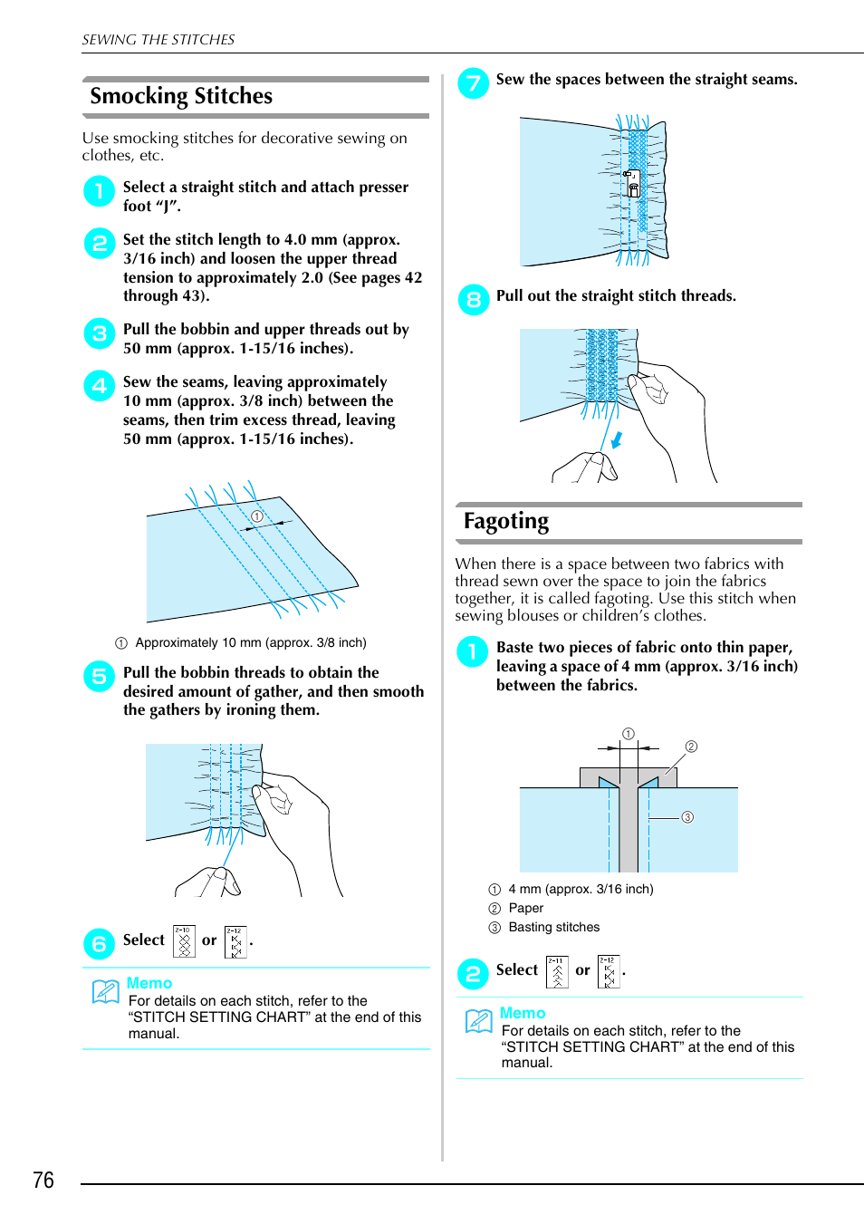 Smocking stitches, Fagoting | Brother 882-S90/S91 User Manual | Page 87 / 249