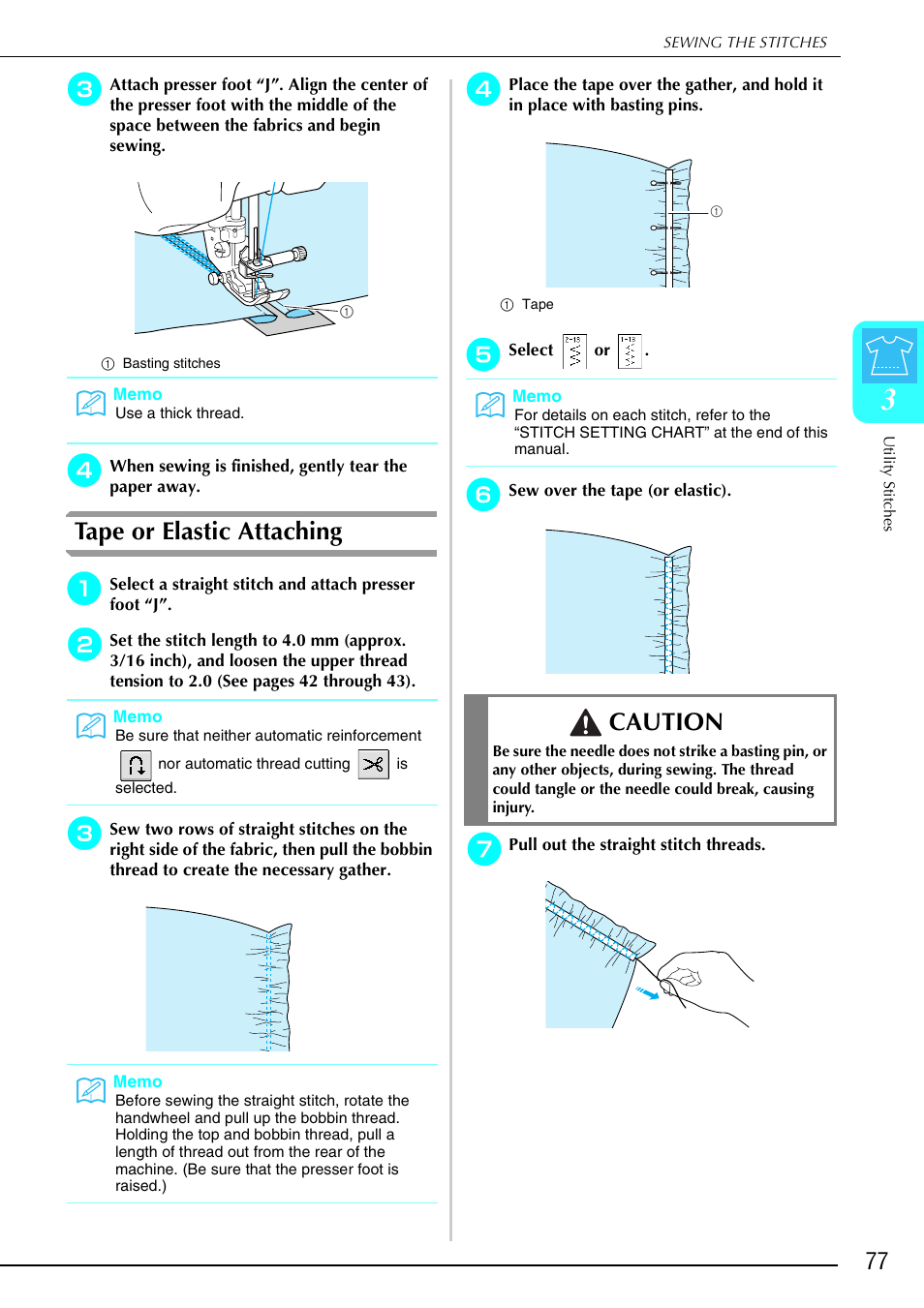 Tape or elastic attaching, Caution | Brother 882-S90/S91 User Manual | Page 88 / 249