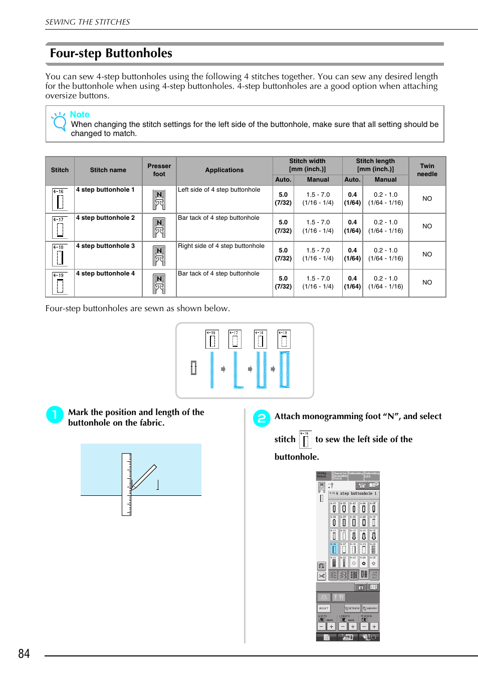 Four-step buttonholes | Brother 882-S90/S91 User Manual | Page 95 / 249