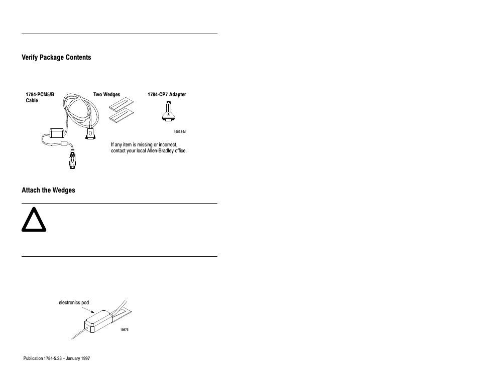 Verify package contents, Attach the wedges | Rockwell Automation 1784-PCM5/B CABLE Installation Instructions User Manual | Page 2 / 8