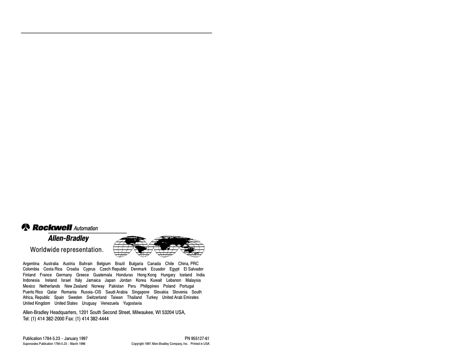 Back cover, Worldwide representation | Rockwell Automation 1784-PCM5/B CABLE Installation Instructions User Manual | Page 8 / 8
