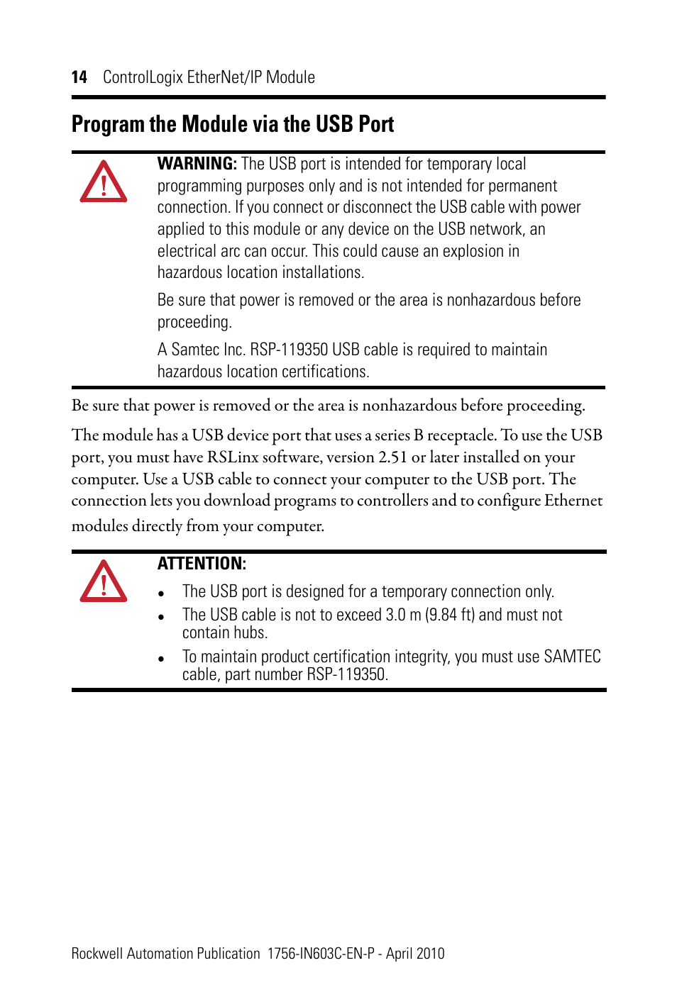 Program the module via the usb port | Rockwell Automation 1756-EN2T ControlLogix EtherNet/IP Module Installation Instructions User Manual | Page 14 / 28