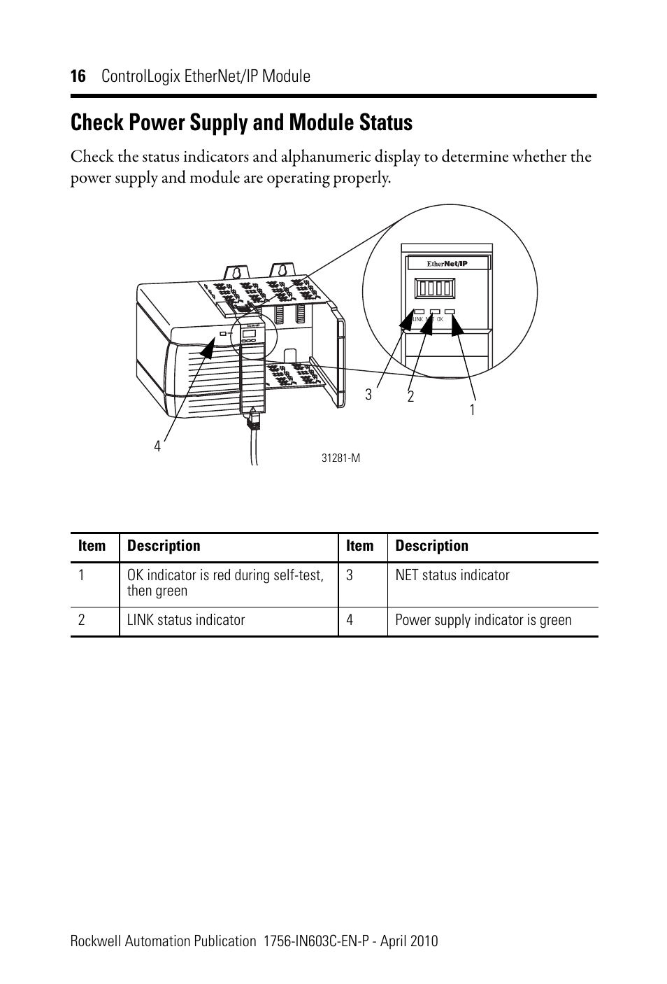 Check power supply and module status | Rockwell Automation 1756-EN2T ControlLogix EtherNet/IP Module Installation Instructions User Manual | Page 16 / 28