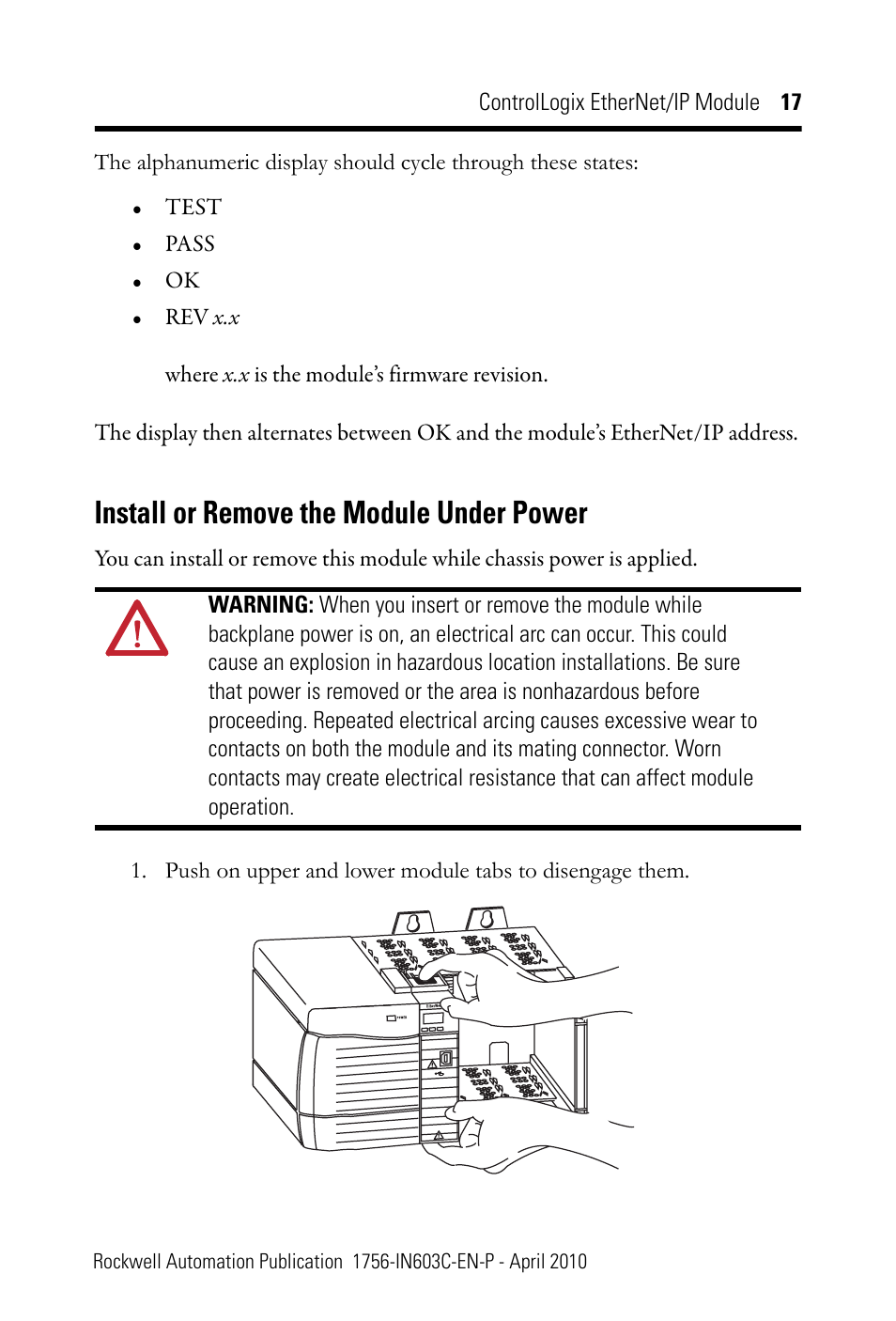 Install or remove the module under power | Rockwell Automation 1756-EN2T ControlLogix EtherNet/IP Module Installation Instructions User Manual | Page 17 / 28