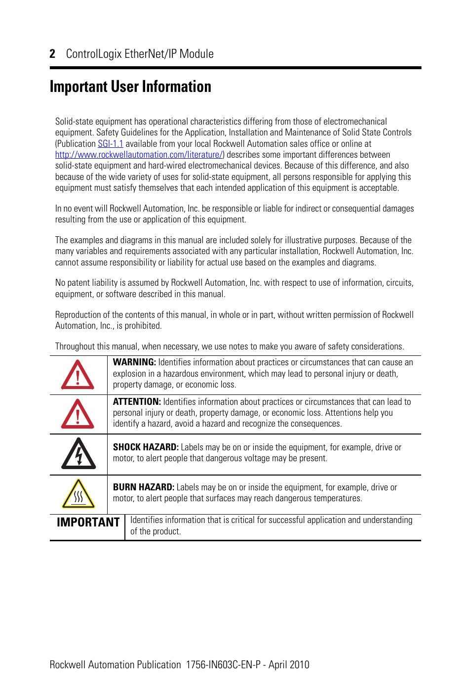 Important user information, 2 controllogix ethernet/ip module, Important | Rockwell Automation 1756-EN2T ControlLogix EtherNet/IP Module Installation Instructions User Manual | Page 2 / 28